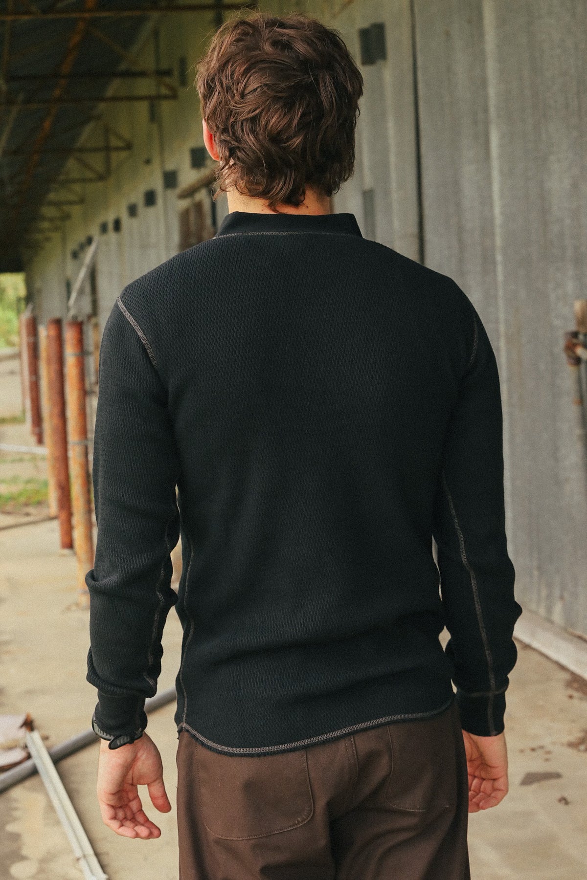 BR68130 Buzz Rickson Thermal Henley Neck Long Sleeve T-Shirt-Black