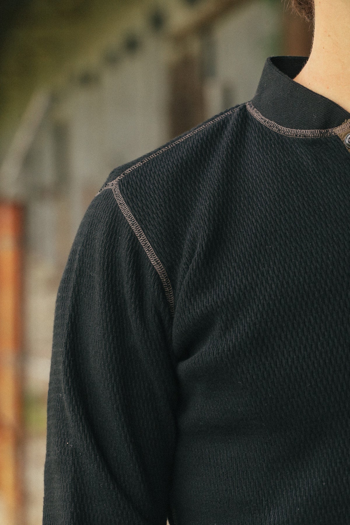 BR68130 Buzz Rickson Thermal Henley Neck Long Sleeve T-Shirt-Black