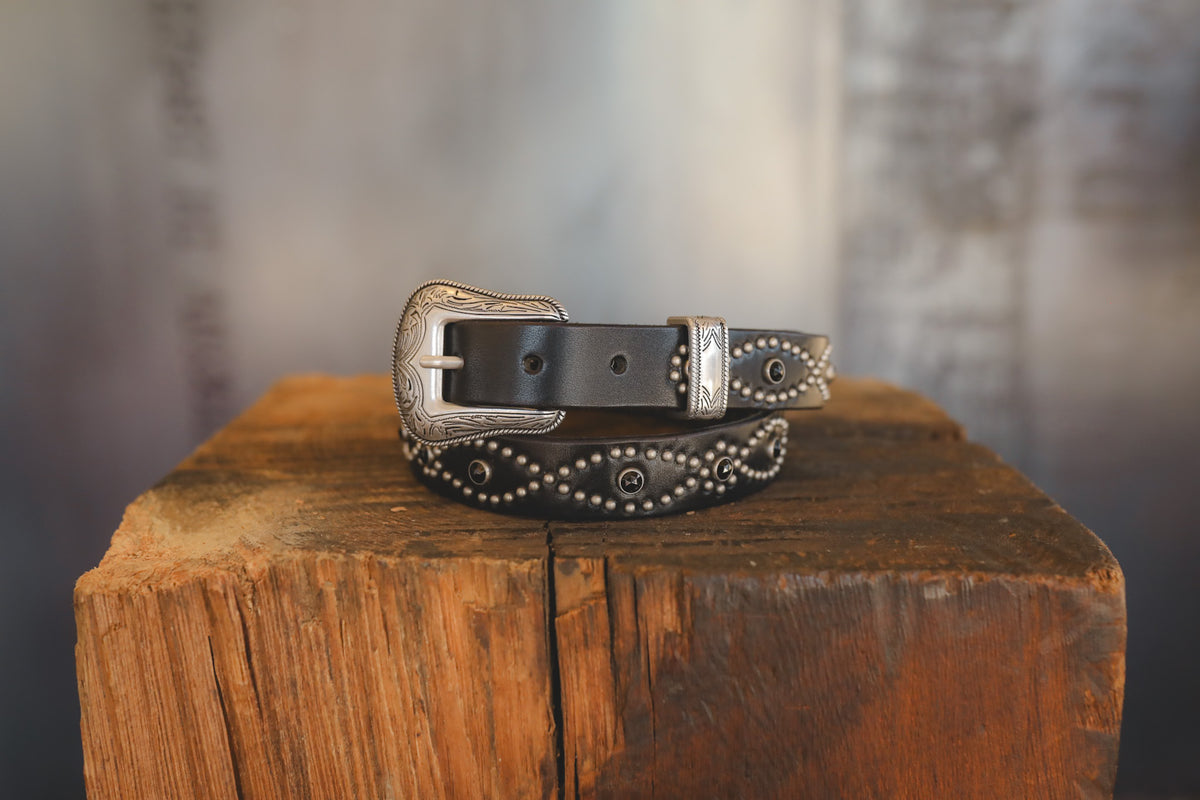 Hollywood Trading Co. Studded 3 Piece Western Belt- Black/Black