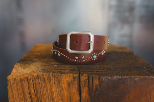 Hollywood Trading Co. Studded Vine Belt- Brown/Turquoise