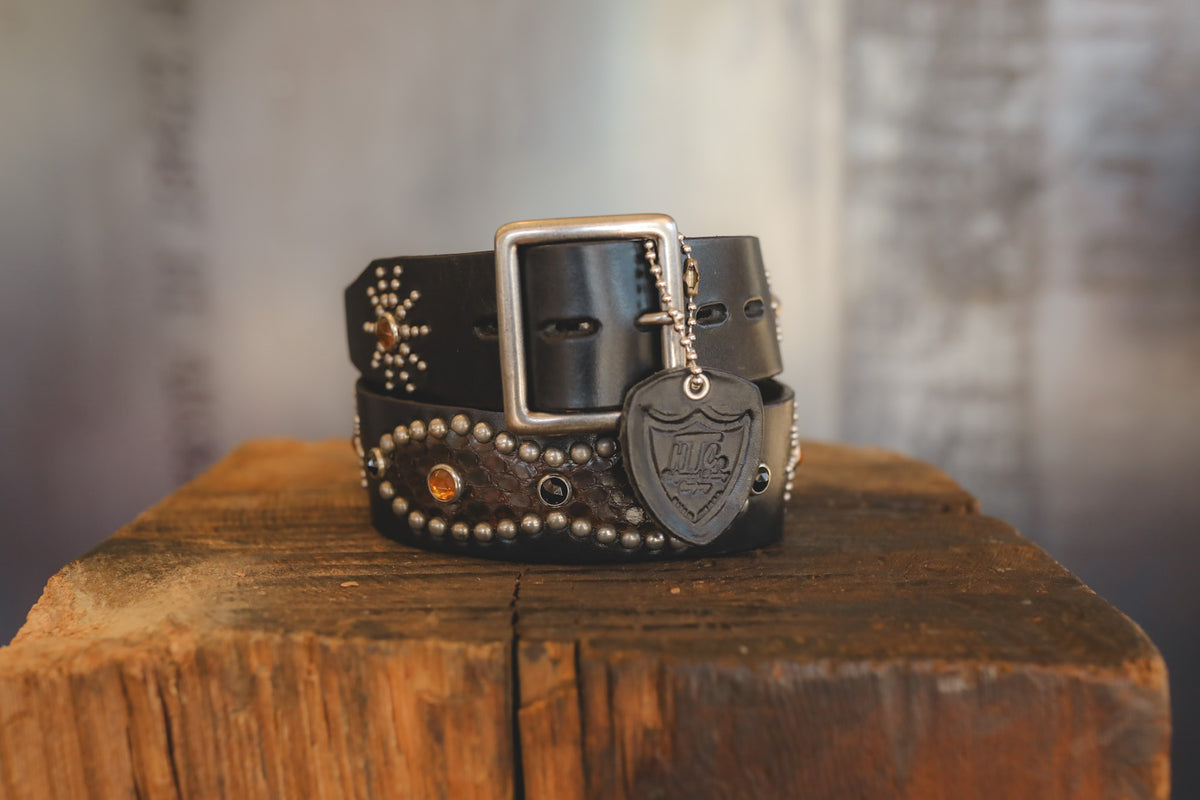 Hollywood Trading Co. Studded Python Peanut Belt- Black/Brown