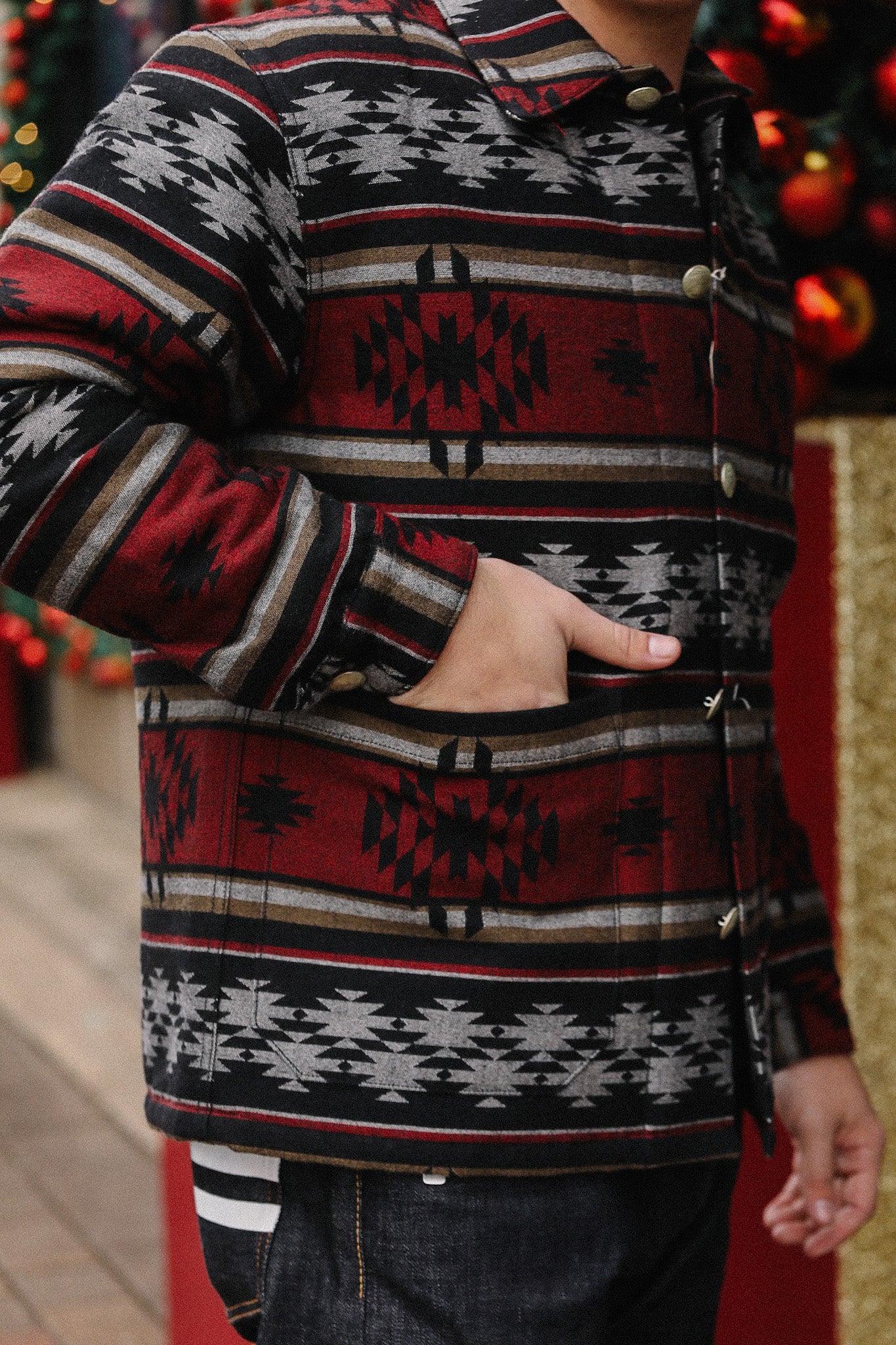 SC15827- Native American Jacquard Wool/Cotton Padded Work Jacket - Red/Black