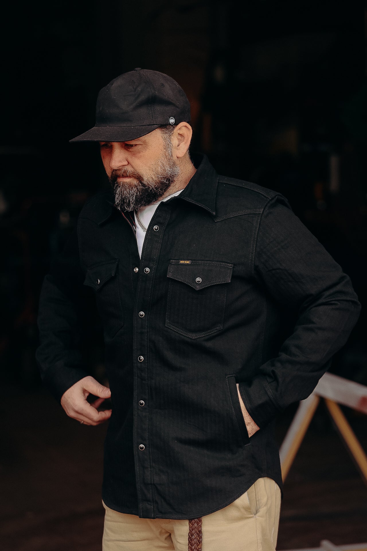 14oz Herringbone CPO Western Shirt - Black IHSH-410-BLK