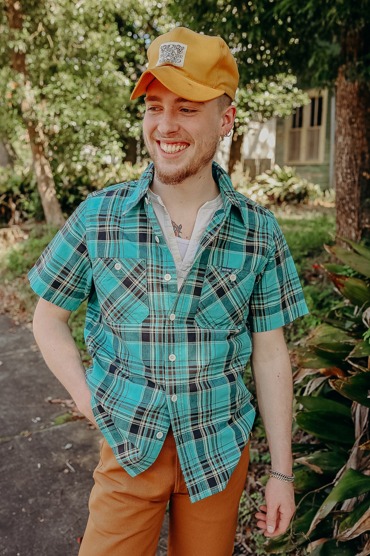 5oz Selvedge Madras Check Short Sleeve Work Shirt - Green