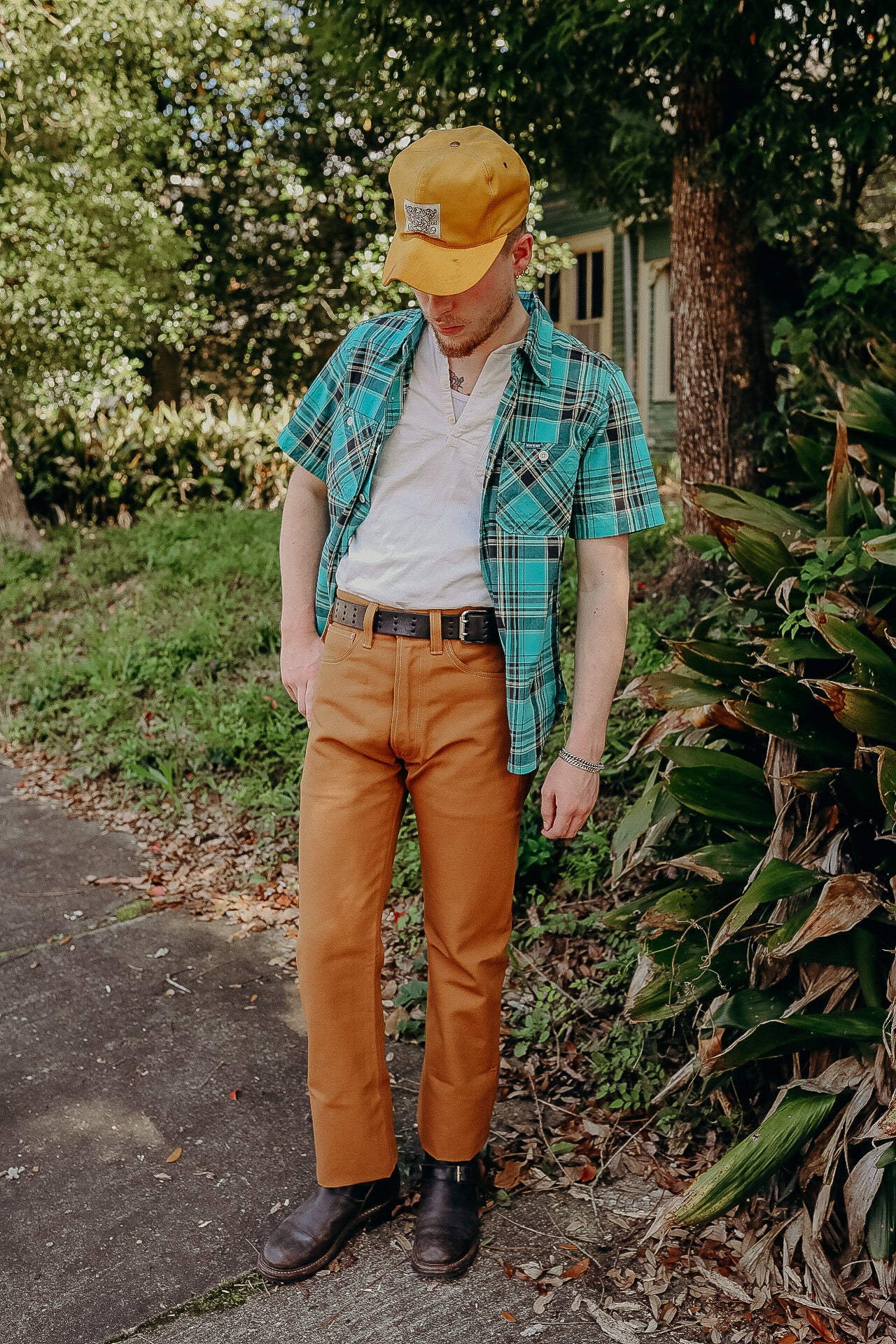 5oz Selvedge Madras Check Short Sleeve Work Shirt - Green