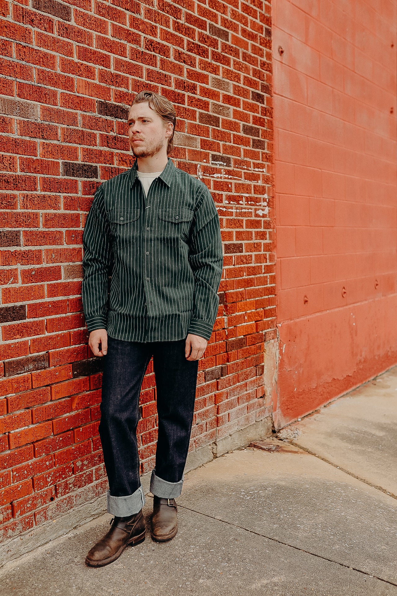 SC28652 Sugar Cane Coke Stripe Long Sleeve Work Shirt- Green