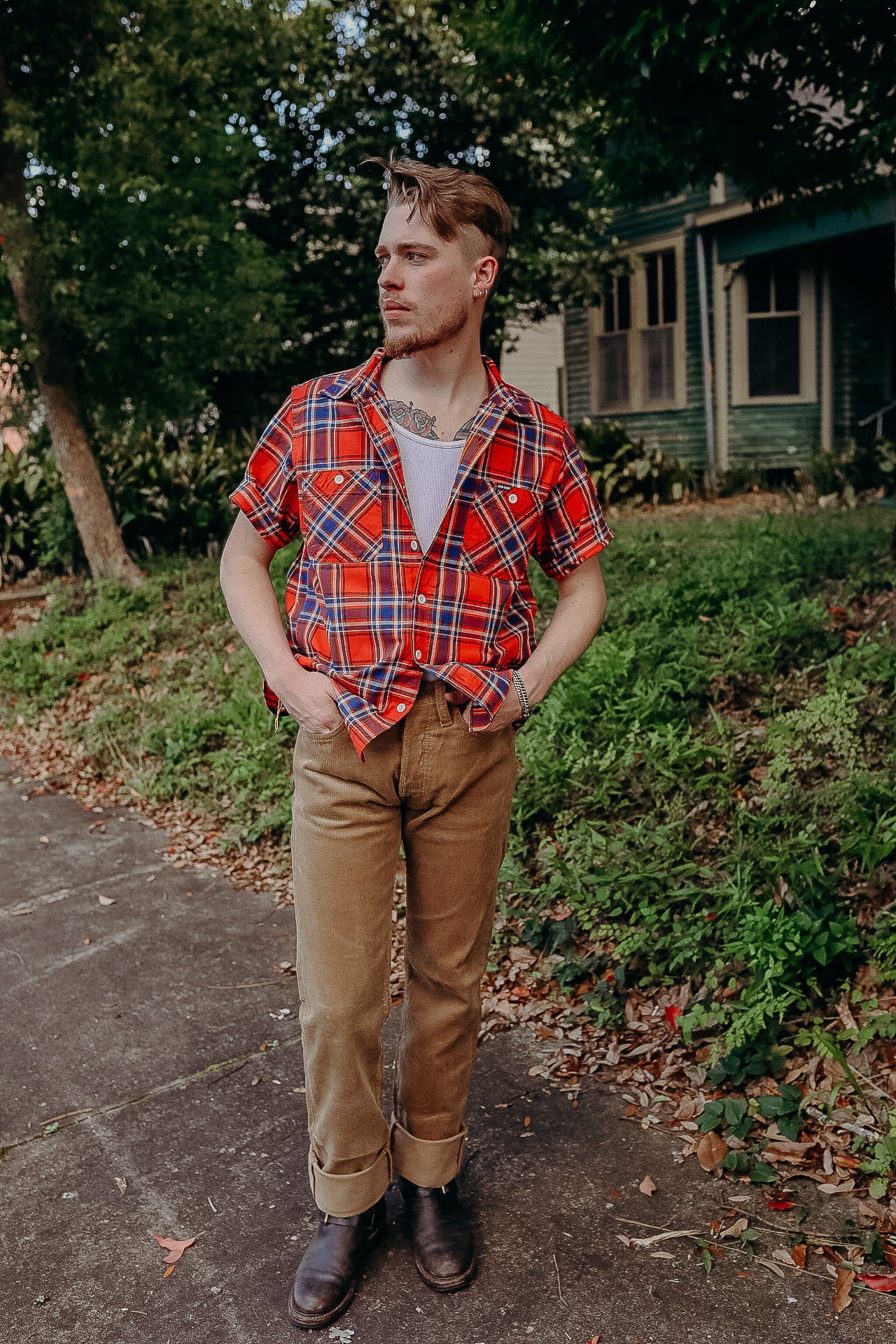 5oz Selvedge Madras Check Short Sleeve Work Shirt - Red