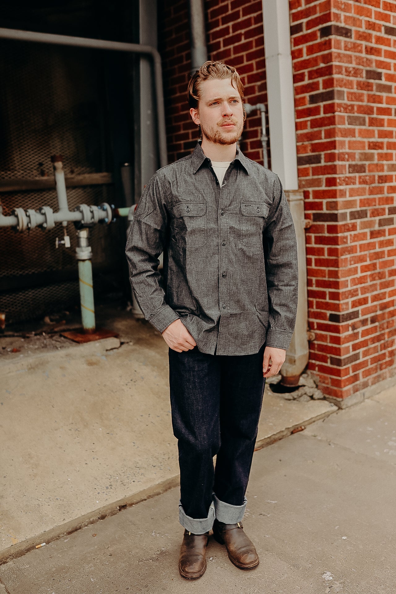 トップス 40s 5 BROTHER black chambray shirt Five Brother Heavy Chambray Work Shirt Black – Hand-Eye Supply