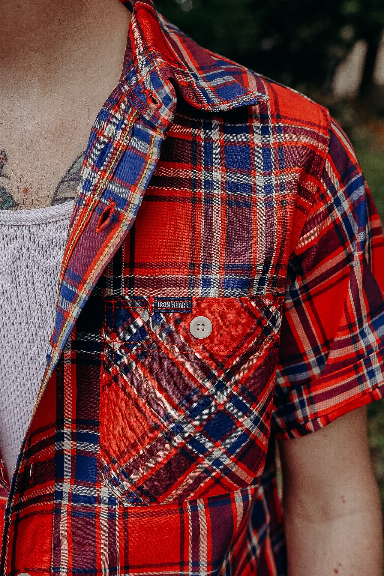 5oz Selvedge Madras Check Short Sleeve Work Shirt - Red