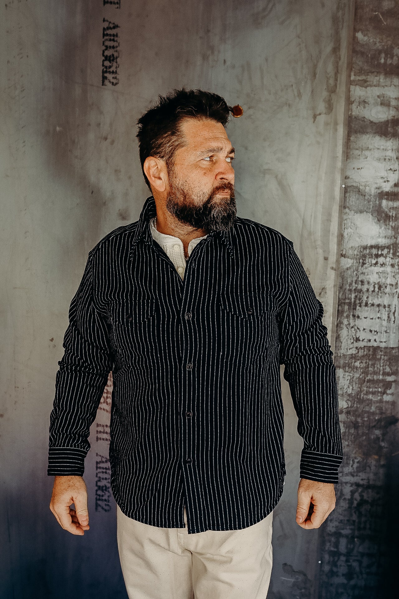 INDIGO STRIPE HEAVY FLANNEL SHIRT　
