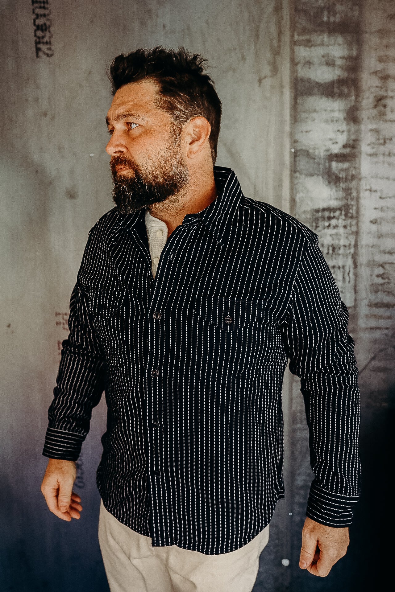 INDIGO STRIPE HEAVY FLANNEL SHIRT　