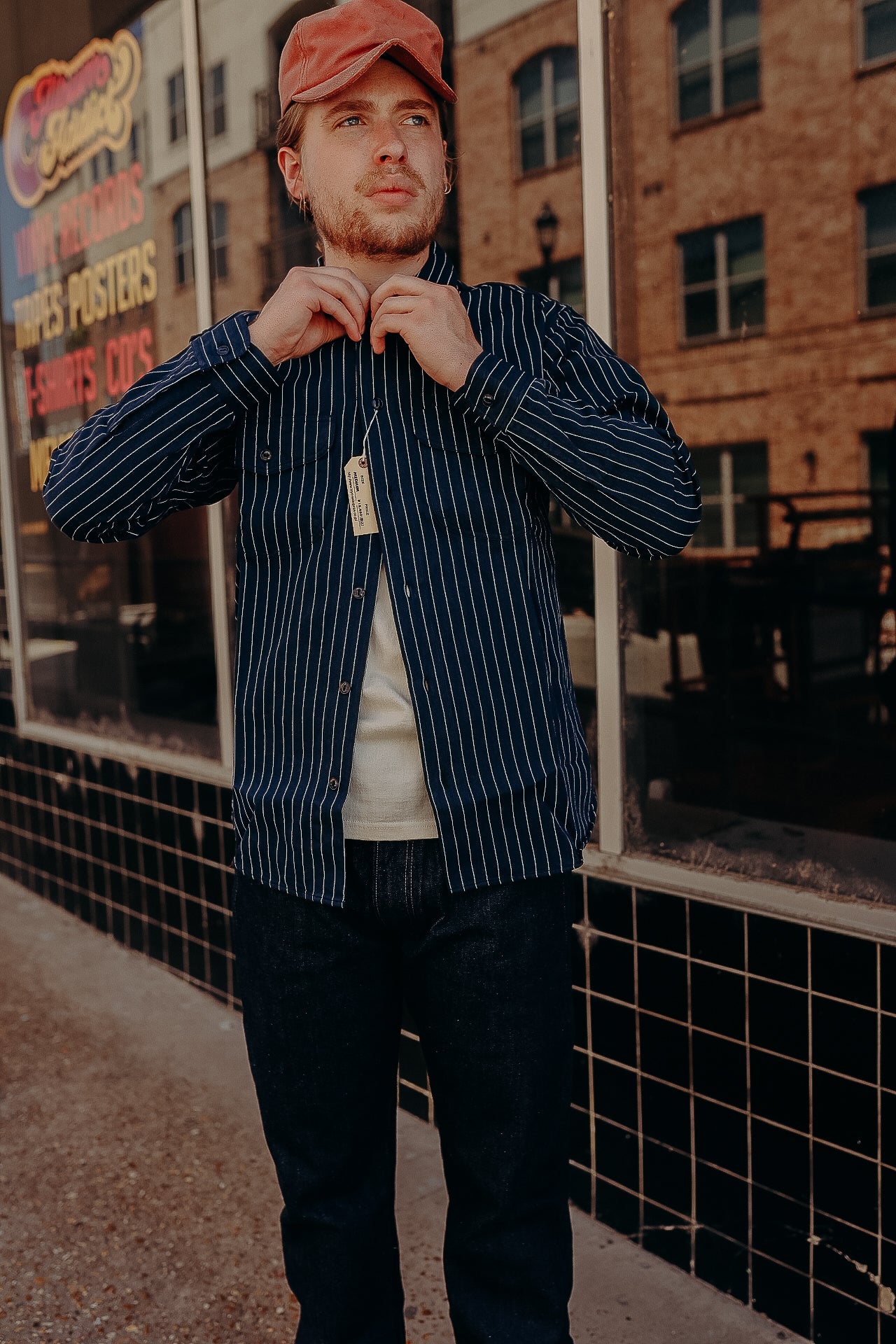 Long Sleeve Work Shirt- Coke Stripe Navy (SC28652)
