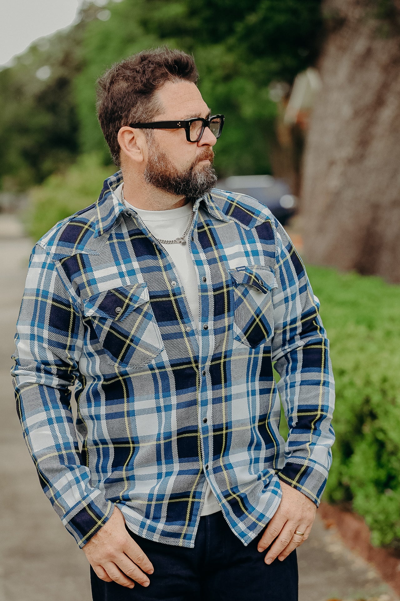 9oz Selvedge American Check Western Shirt - Blue IHSH-390-BLU