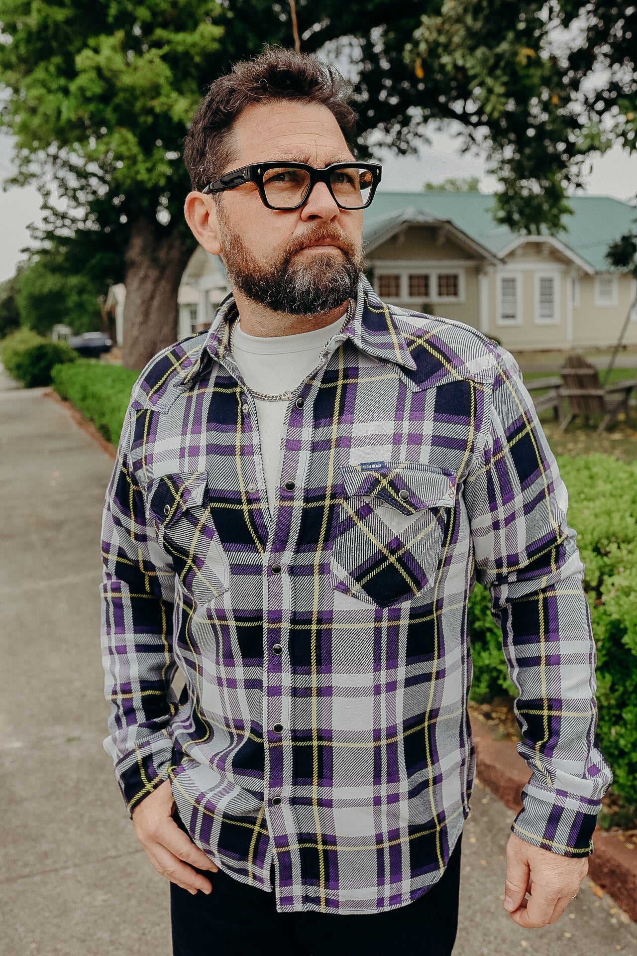 9oz Selvedge American Check Western Shirt - Purple IHSH-390-PUR