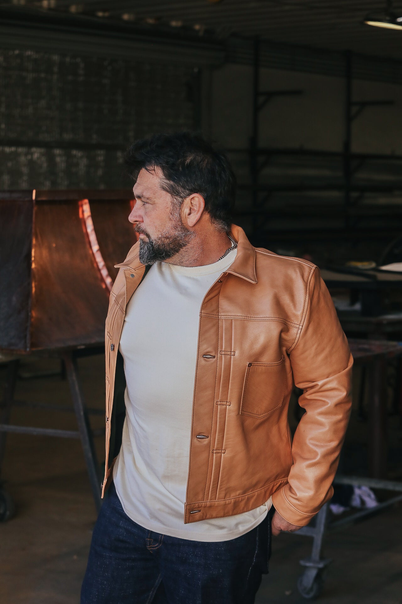 Man wearing leather jacket with white shirt 