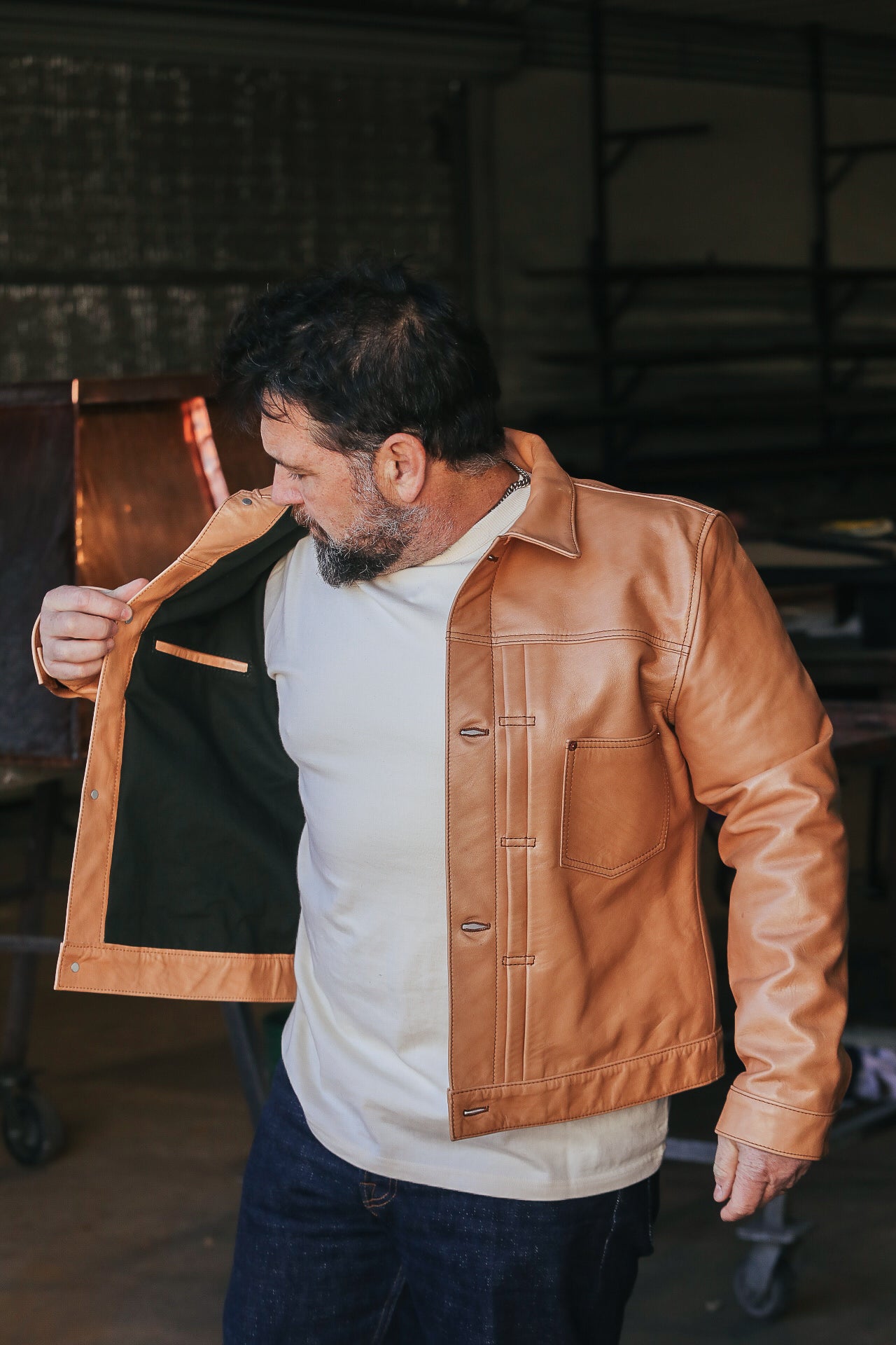 Man wearing leather jacket with white shirt . back view of shirt picture of inside pocket 