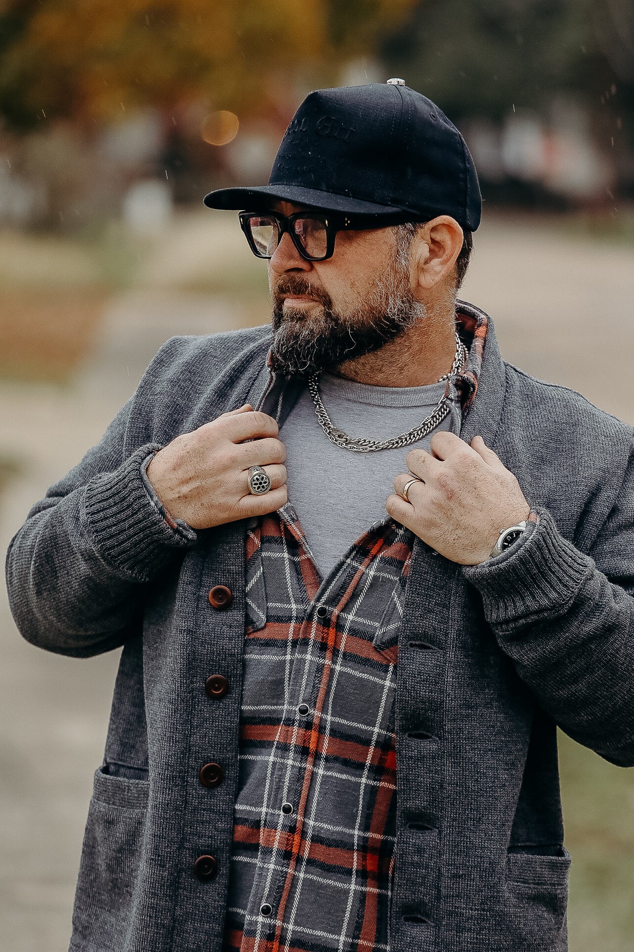 12oz Slubby Heavy Flannel Herringbone Check Western Shirt - Grey