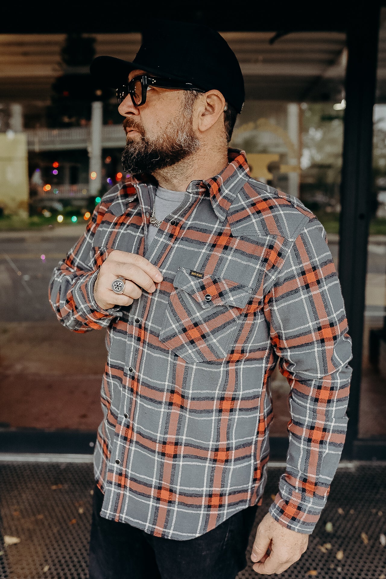 12oz Slubby Heavy Flannel Herringbone Check Western Shirt - Grey