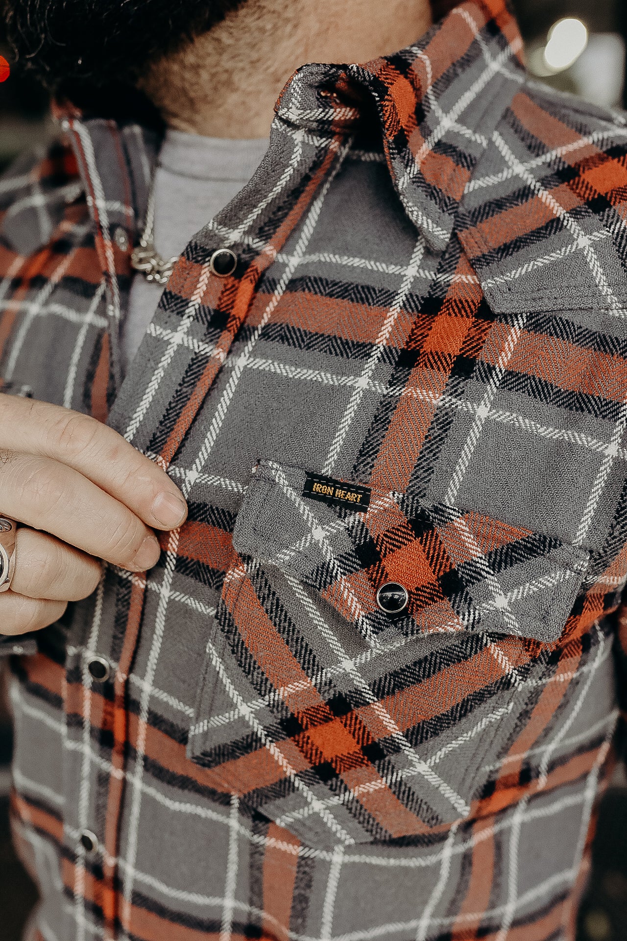 12oz Slubby Heavy Flannel Herringbone Check Western Shirt - Grey IHSH-369