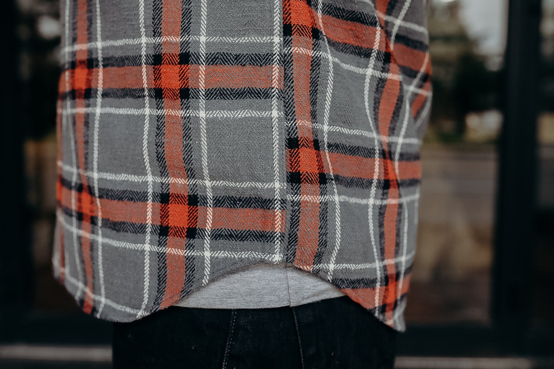 12oz Slubby Heavy Flannel Herringbone Check Western Shirt - Grey