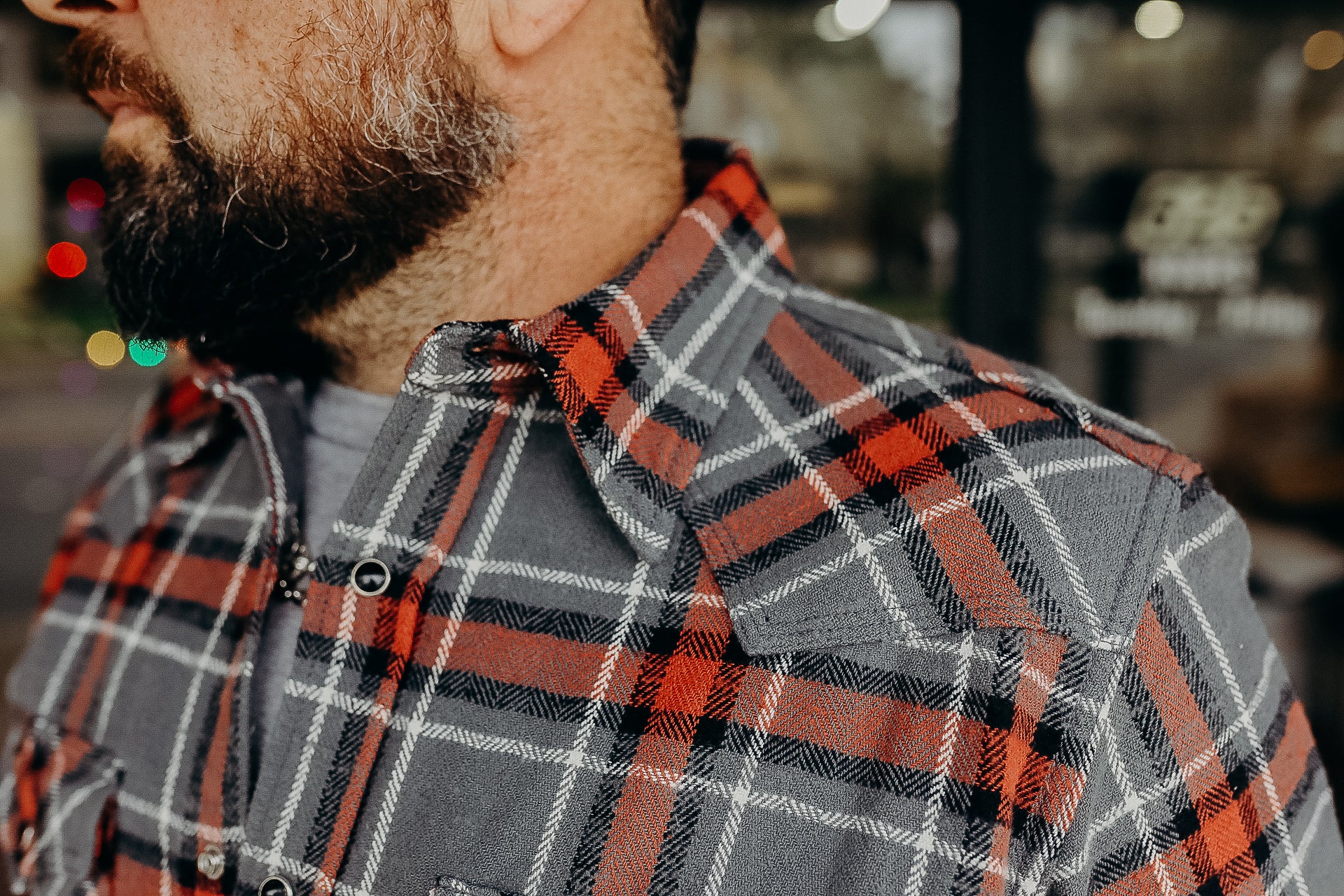 12oz Slubby Heavy Flannel Herringbone Check Western Shirt - Grey