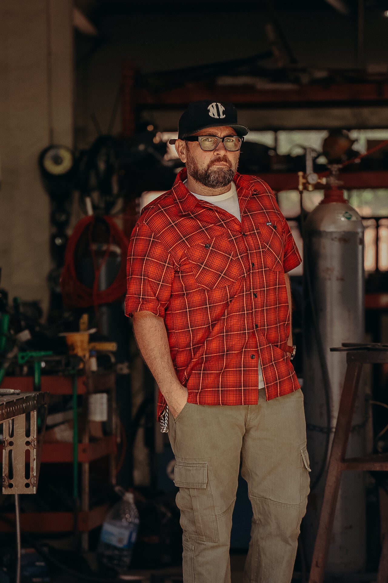 5oz Selvedge Short Sleeved Work Shirt - Red Vintage Check IHSH-392-RED