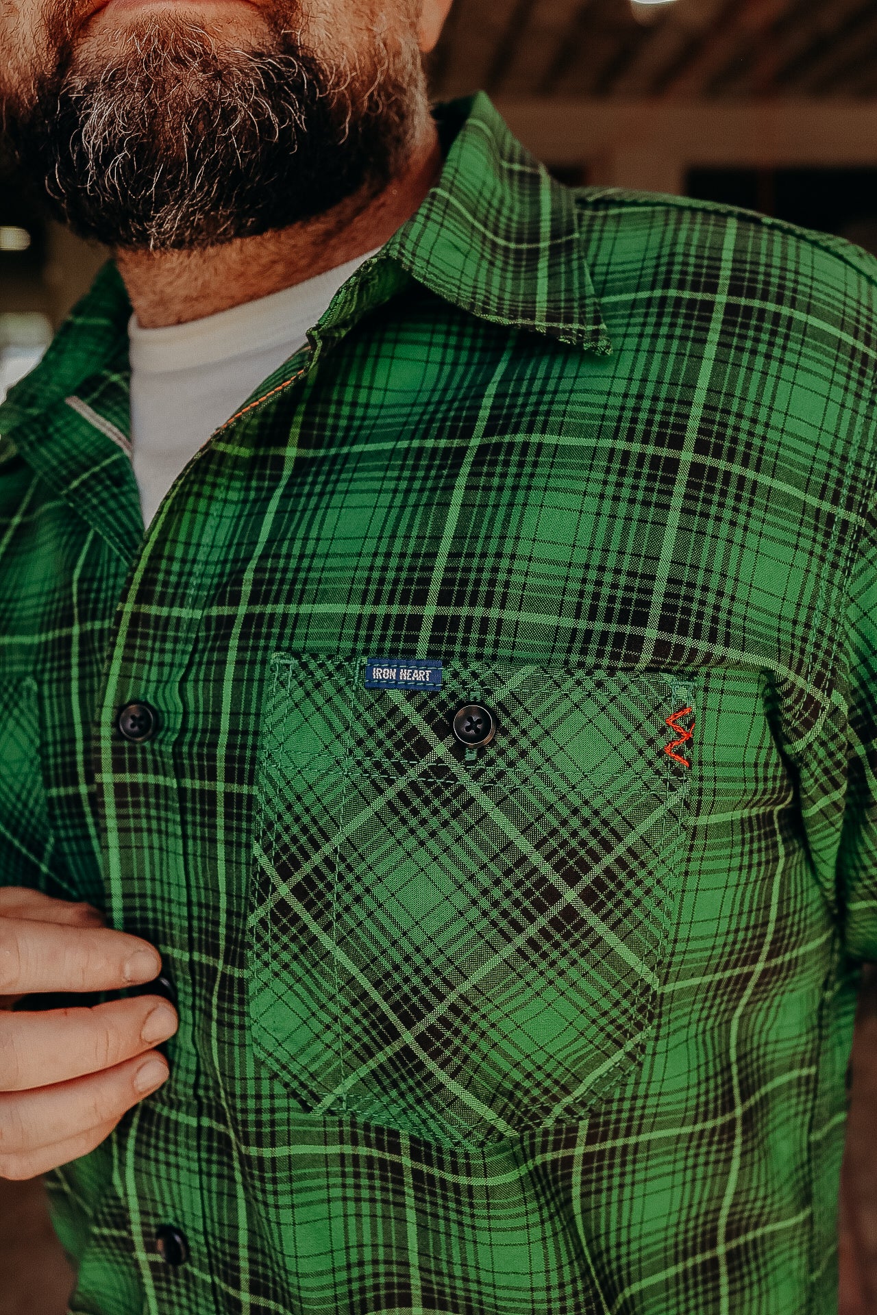 5oz Selvedge Short Sleeved Work Shirt - Green Vintage Check IHSH-392-GRN