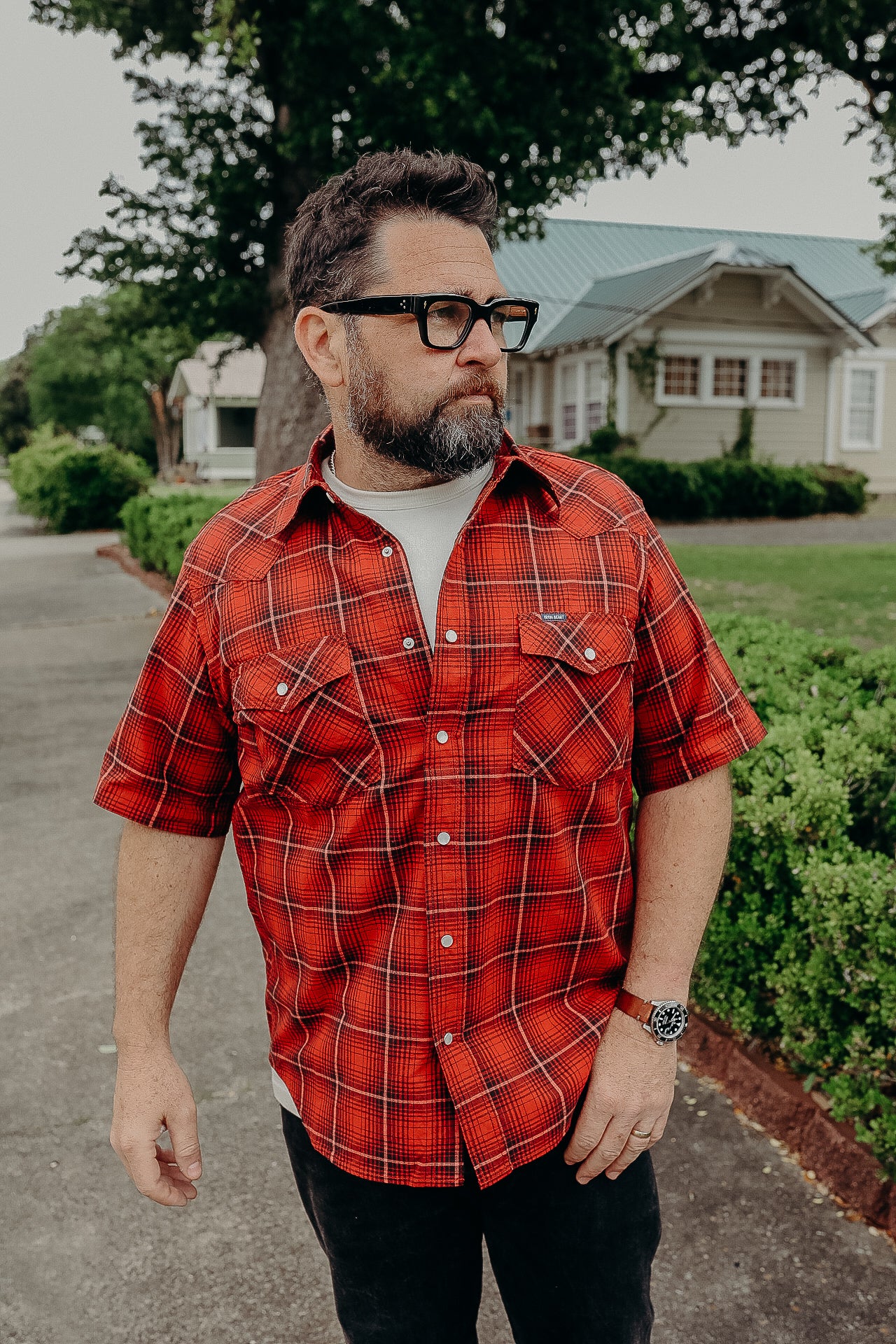 5oz Selvedge Short Sleeved Western Shirt - Red Vintage Check IHSH-386-RED