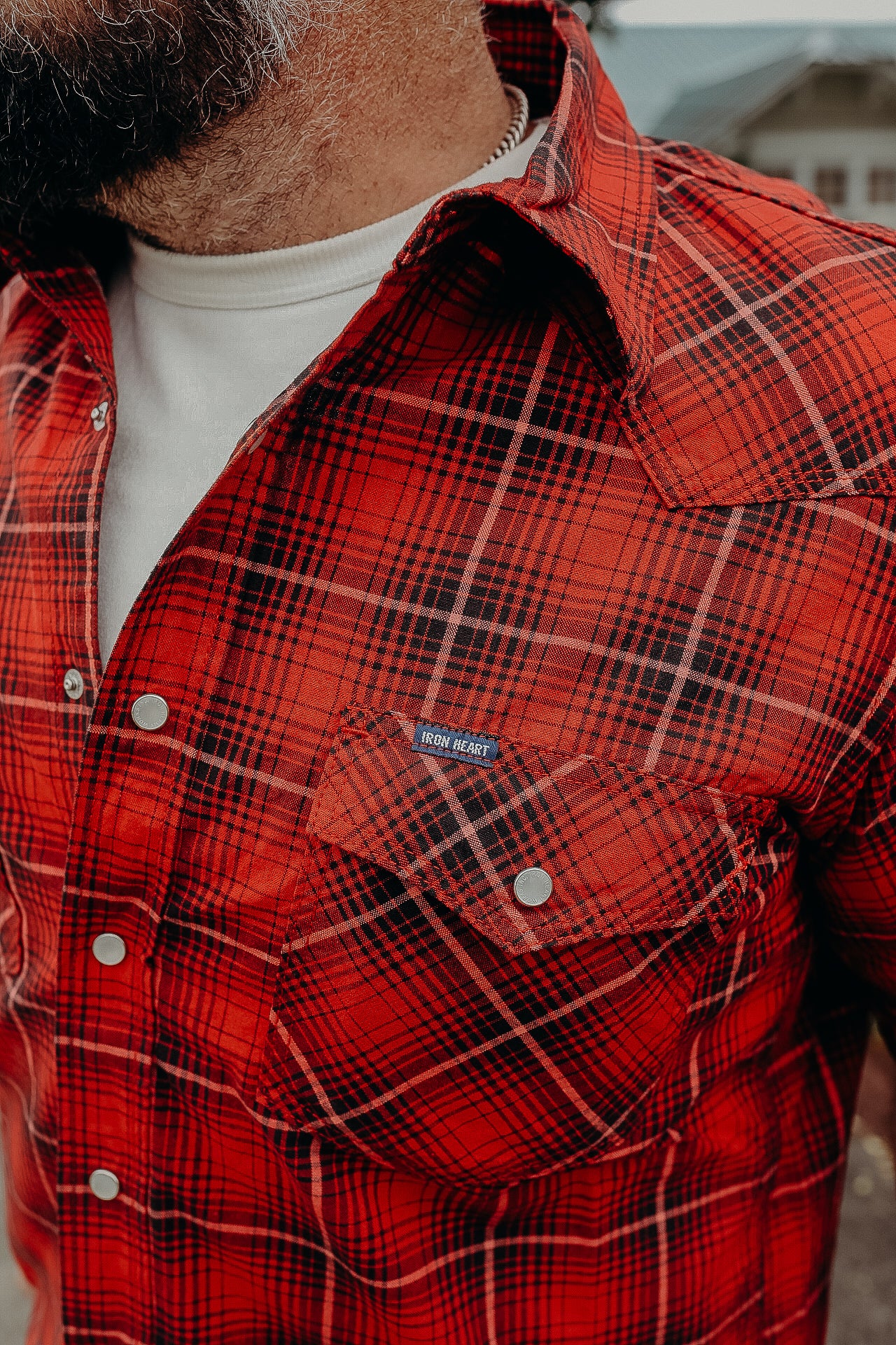 5oz Selvedge Short Sleeved Western Shirt - Red Vintage Check IHSH-386-RED