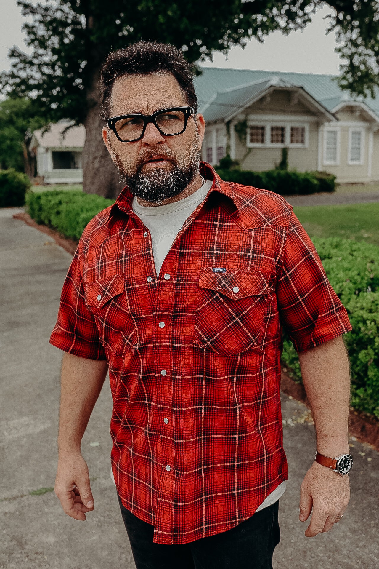 5oz Selvedge Short Sleeved Western Shirt - Red Vintage Check IHSH-386-RED