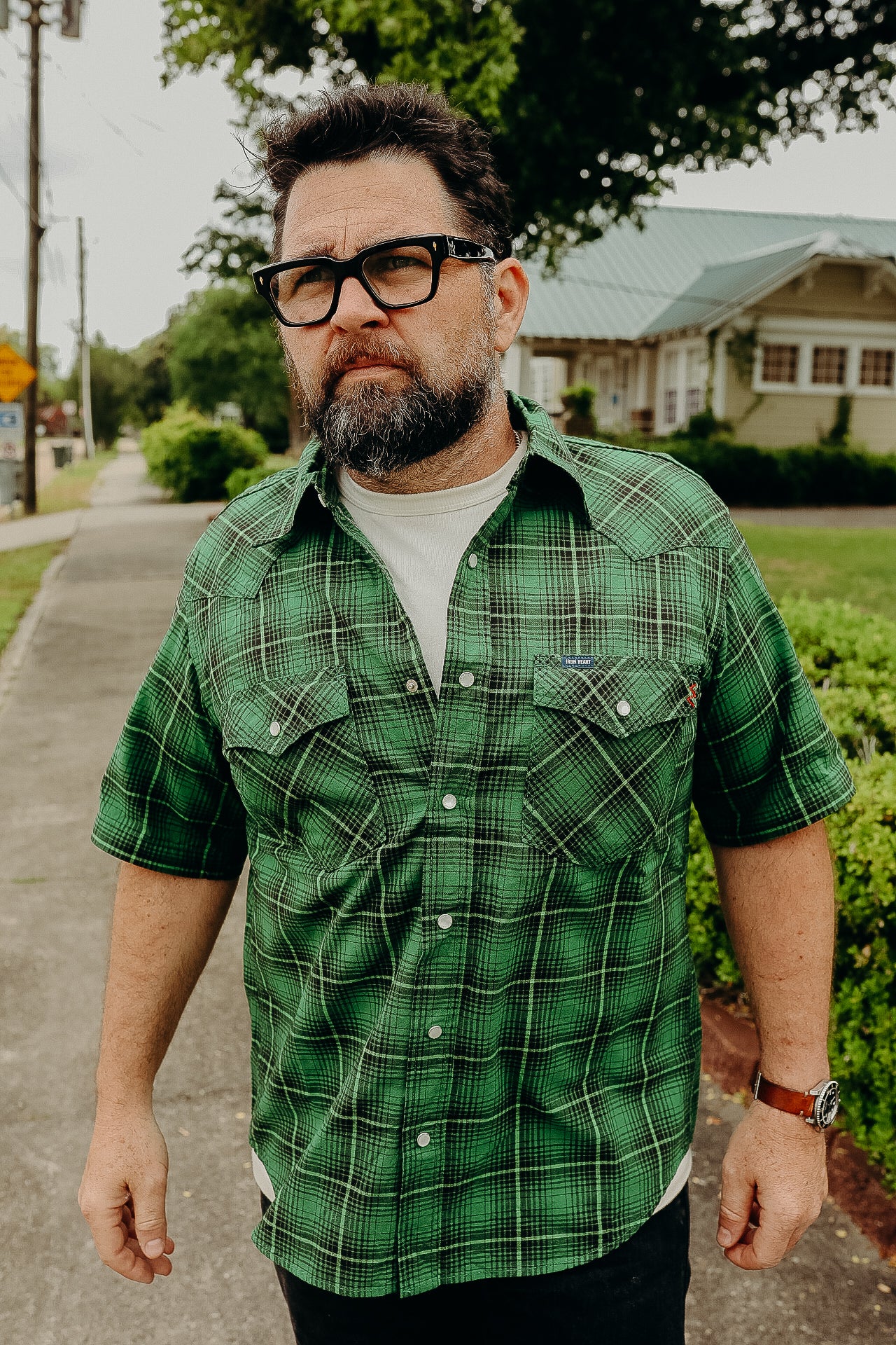 5oz Selvedge Short Sleeved Western Shirt - Green Vintage Check IHSH-386-GRN