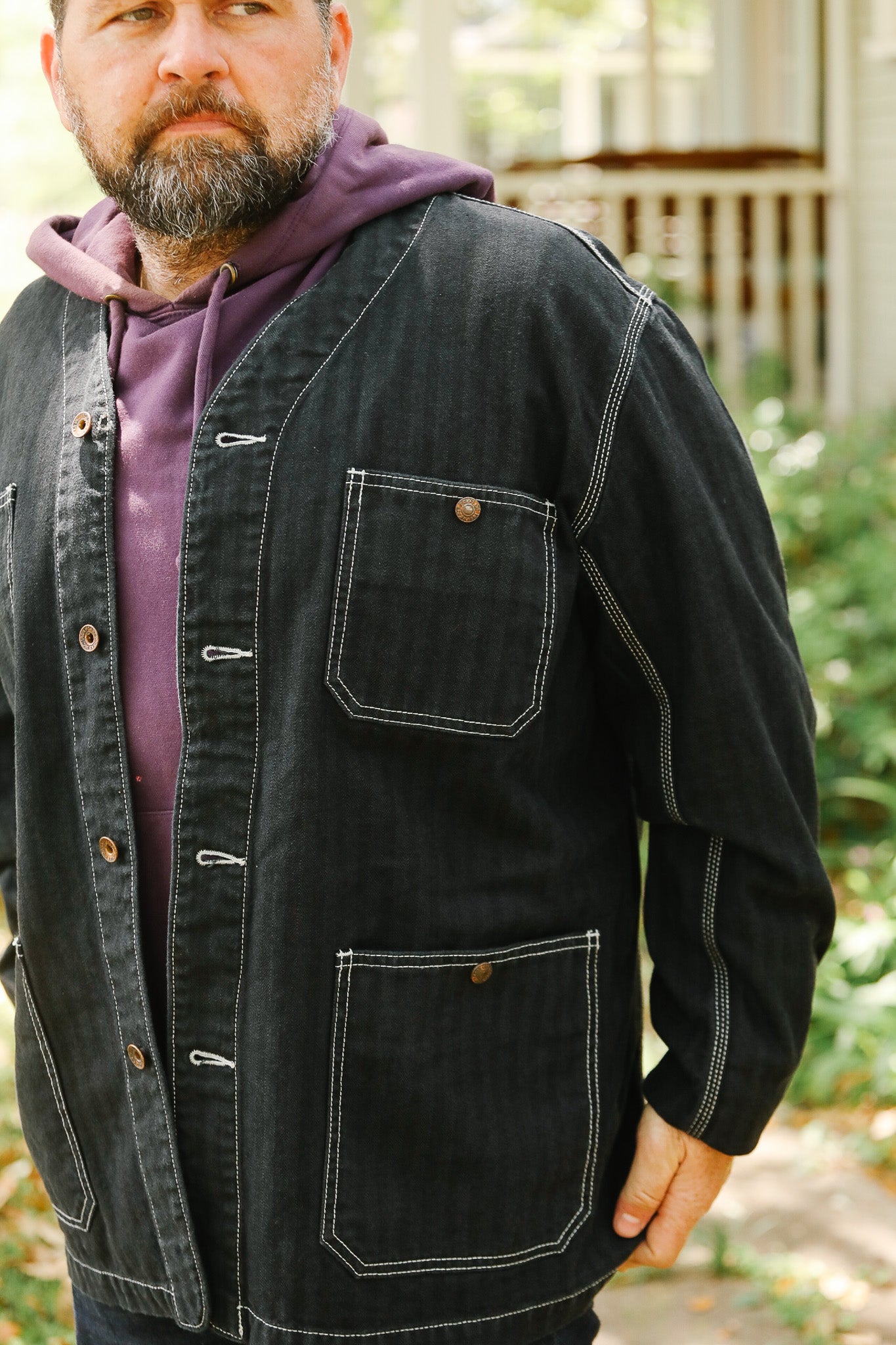 IHJ-158-BLK Iron Heart 10.5oz Herringbone Collarless Chore Jacket 