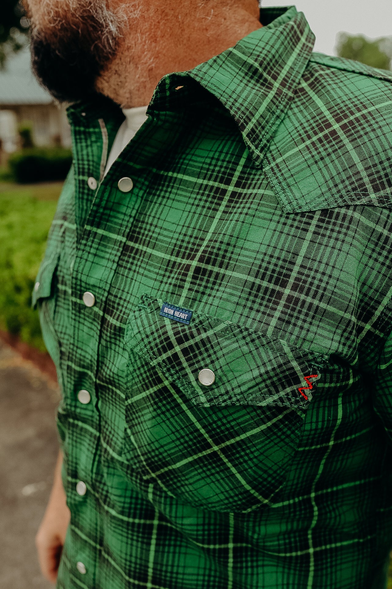 5oz Selvedge Short Sleeved Western Shirt - Green Vintage Check IHSH-386-GRN