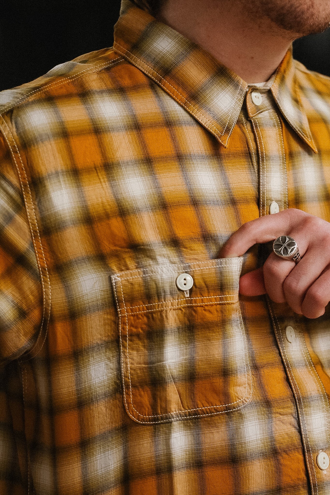 黄ベース実寸L 60s Ombre shadow plaid S/S shirt FN-SCR-021L The Flat Head 3oz Ombre Check Western Shirt- Yellow