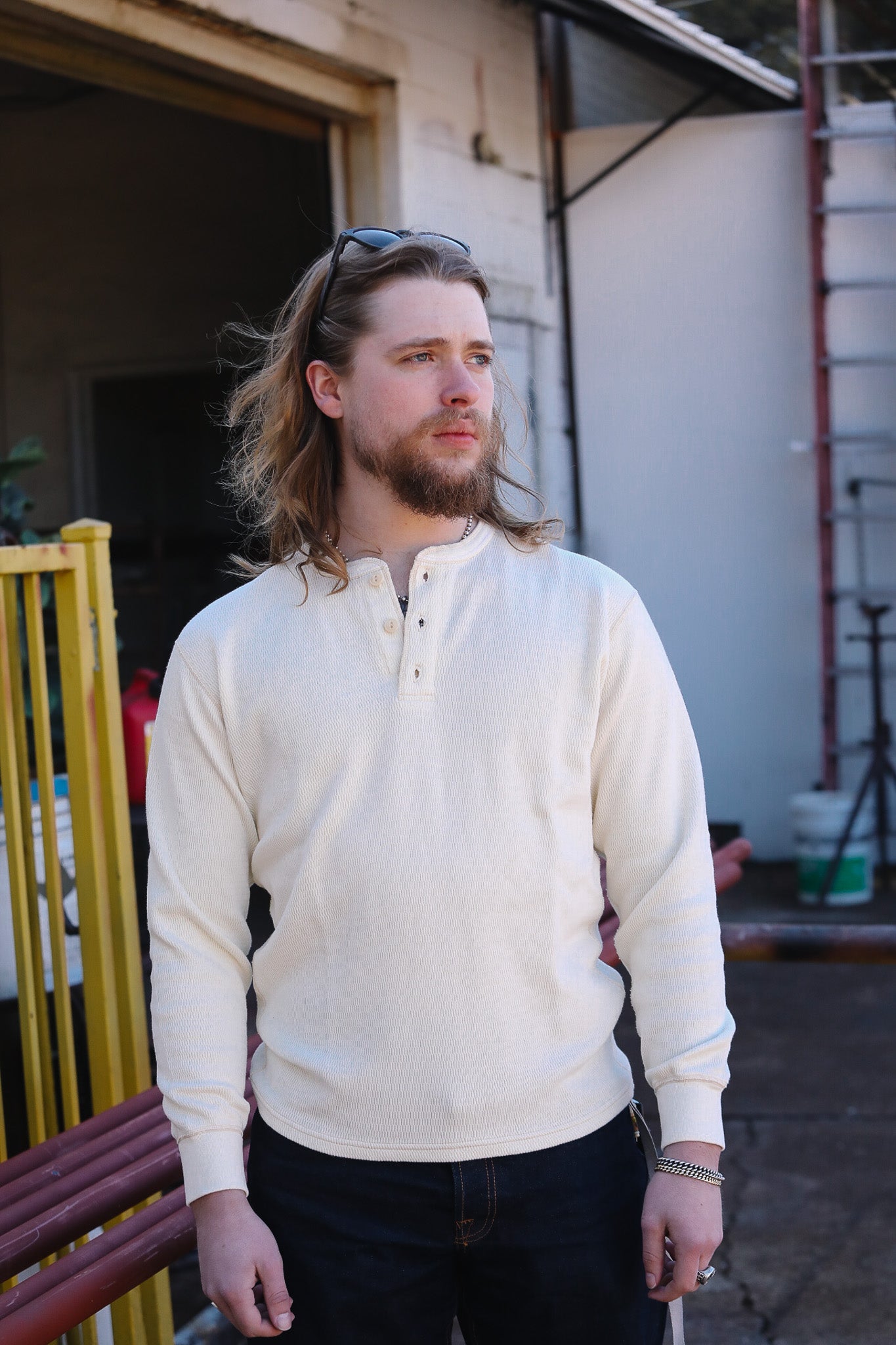 FN-THLH-004 - The Flat Head Thermal L/S Henley T-shirt  -Ivory