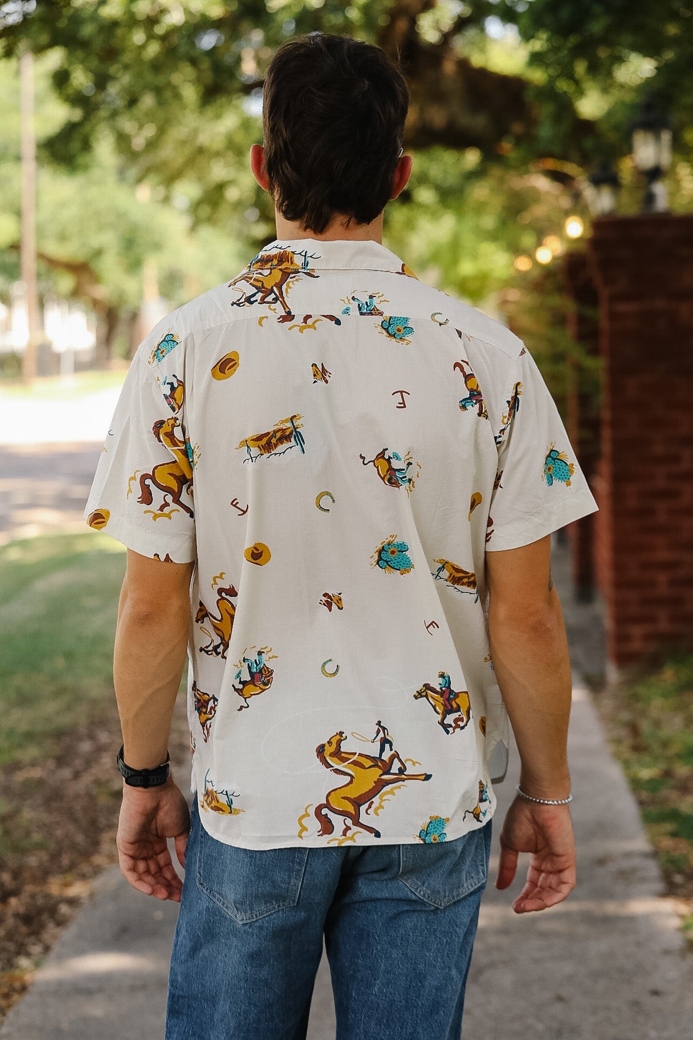 A man viewed from behind wearing a short-sleeve button-up shirt with a cowboy and cattle print, paired with blue jeans, standing on an outdoor path.