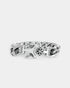 Sterling silver chain bracelet with GOOD ART engraving and floral clasp detail on white background