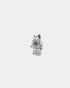 Sterling silver small robot figurine with floral circular design on torso, plain gray background