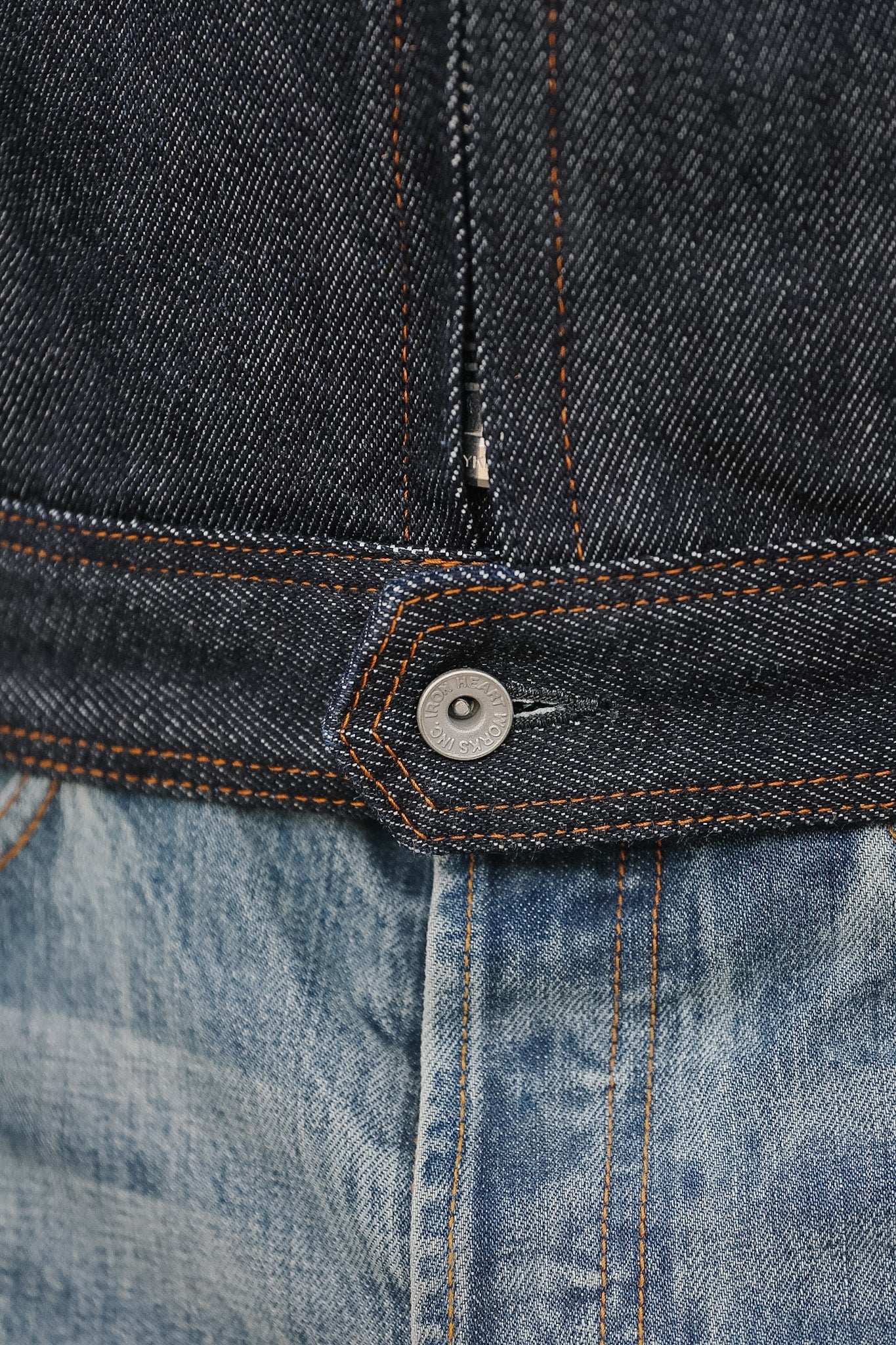 Close-up of a button on a pair of blue jeans.