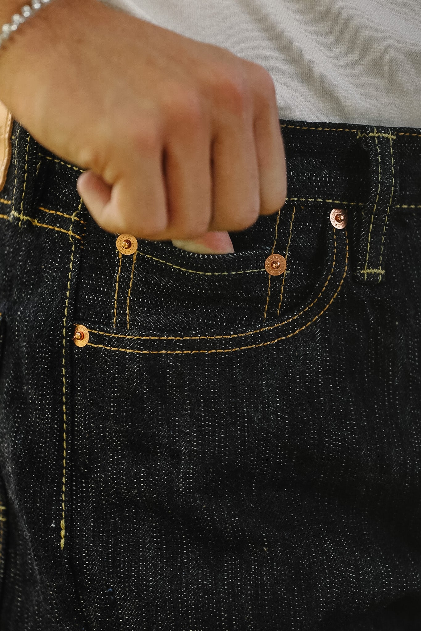 Close-up of a person's hand pulling the waistband of dark indigo denim jeans, showing the copper-toned rivets and yellow contrast stitching.