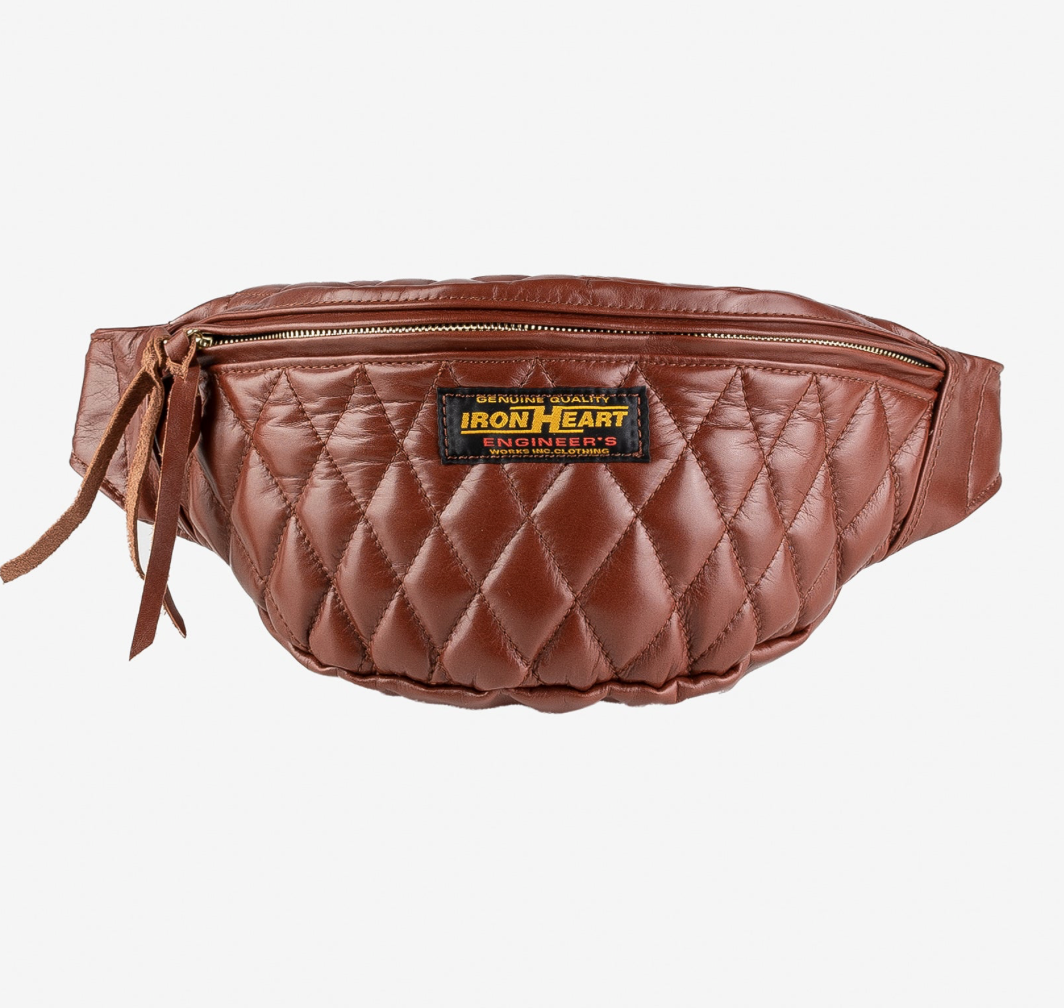Brown quilted fanny pack with 'Iron Heart' logo on a white background