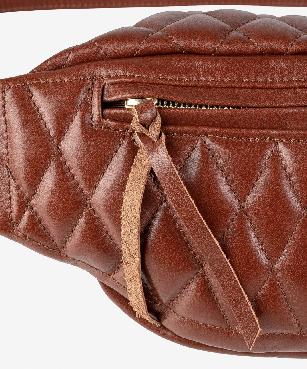 Brown quilted handbag with a strap on a white background