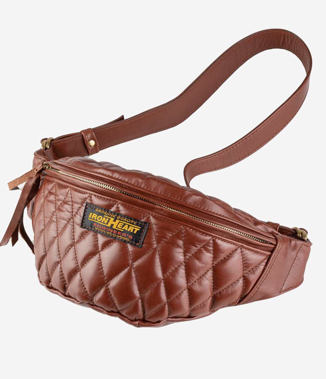 Brown quilted fanny pack with a visible brand label on a white background
