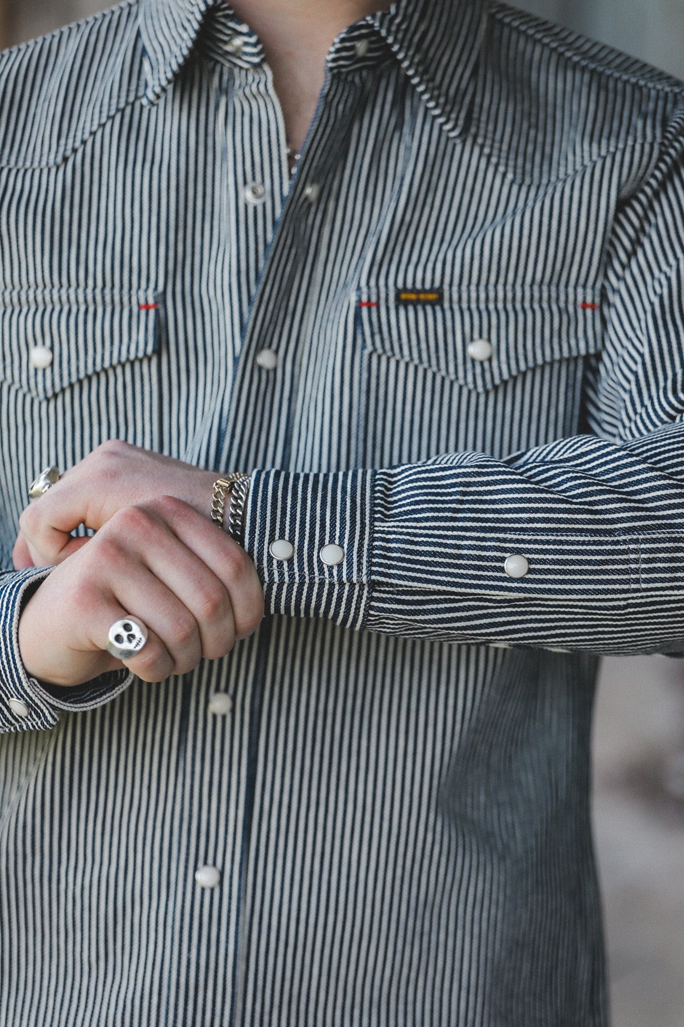 IHSH-07-IND Iron Heart 12oz Hickory Stripe Western Shirt - Indigo