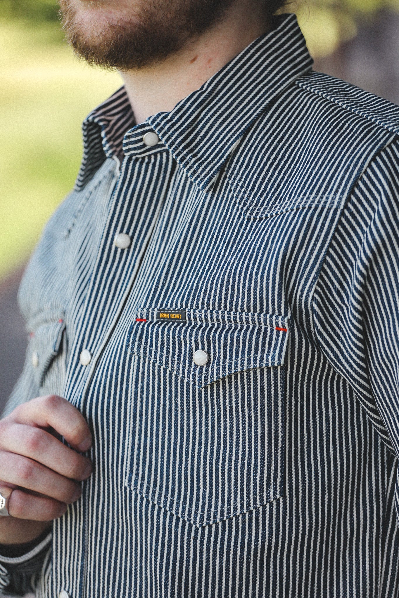 IHSH-07-IND Iron Heart 12oz Hickory Stripe Western Shirt - Indigo
