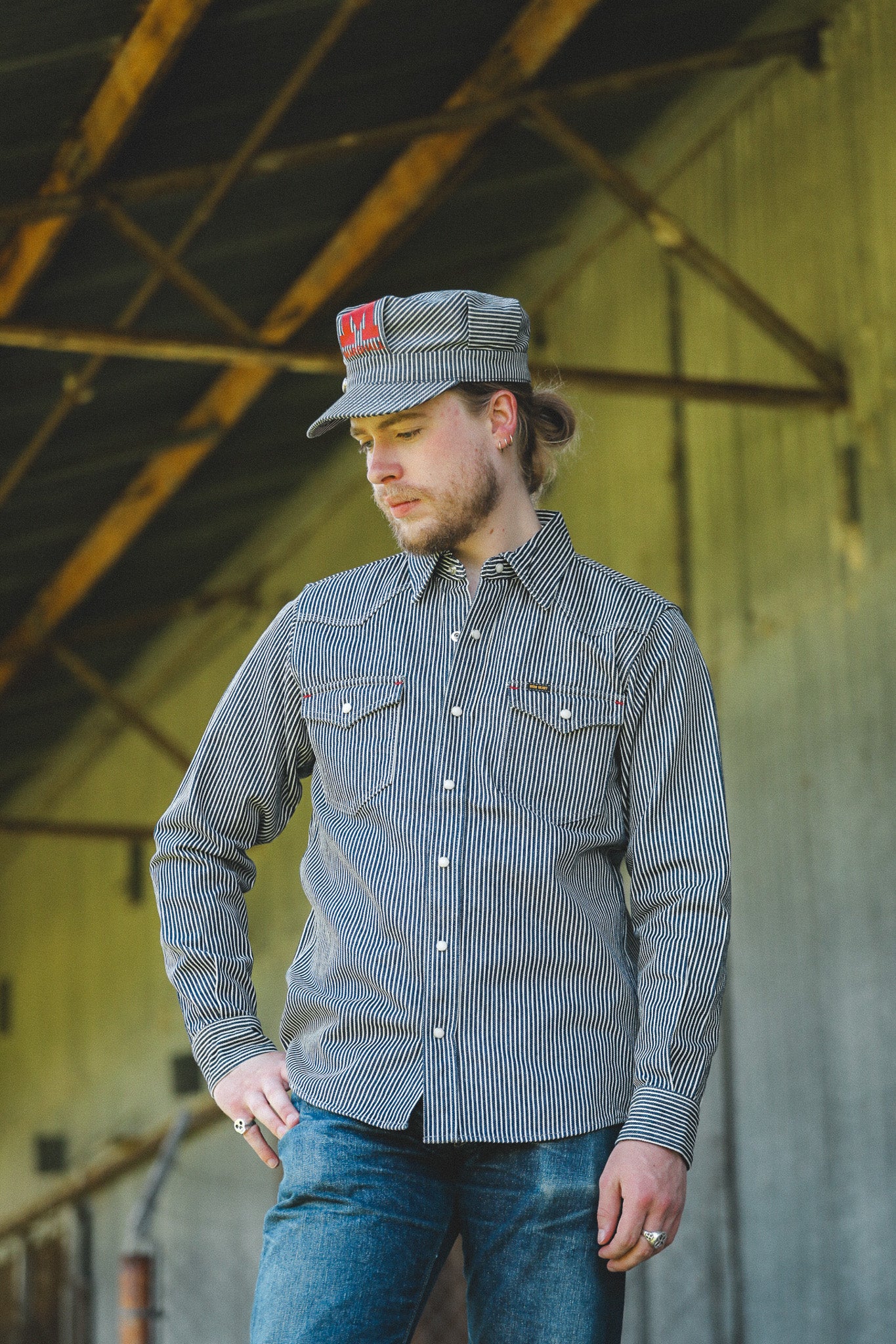 IHSH-07-IND Iron Heart 12oz Hickory Stripe Western Shirt - Indigo