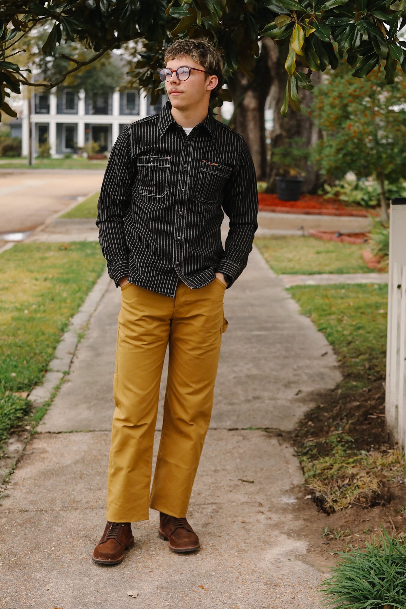 man wearing IHSH-266-IND 12oz Wabash Work Shirt - Indigo With Black Buttons