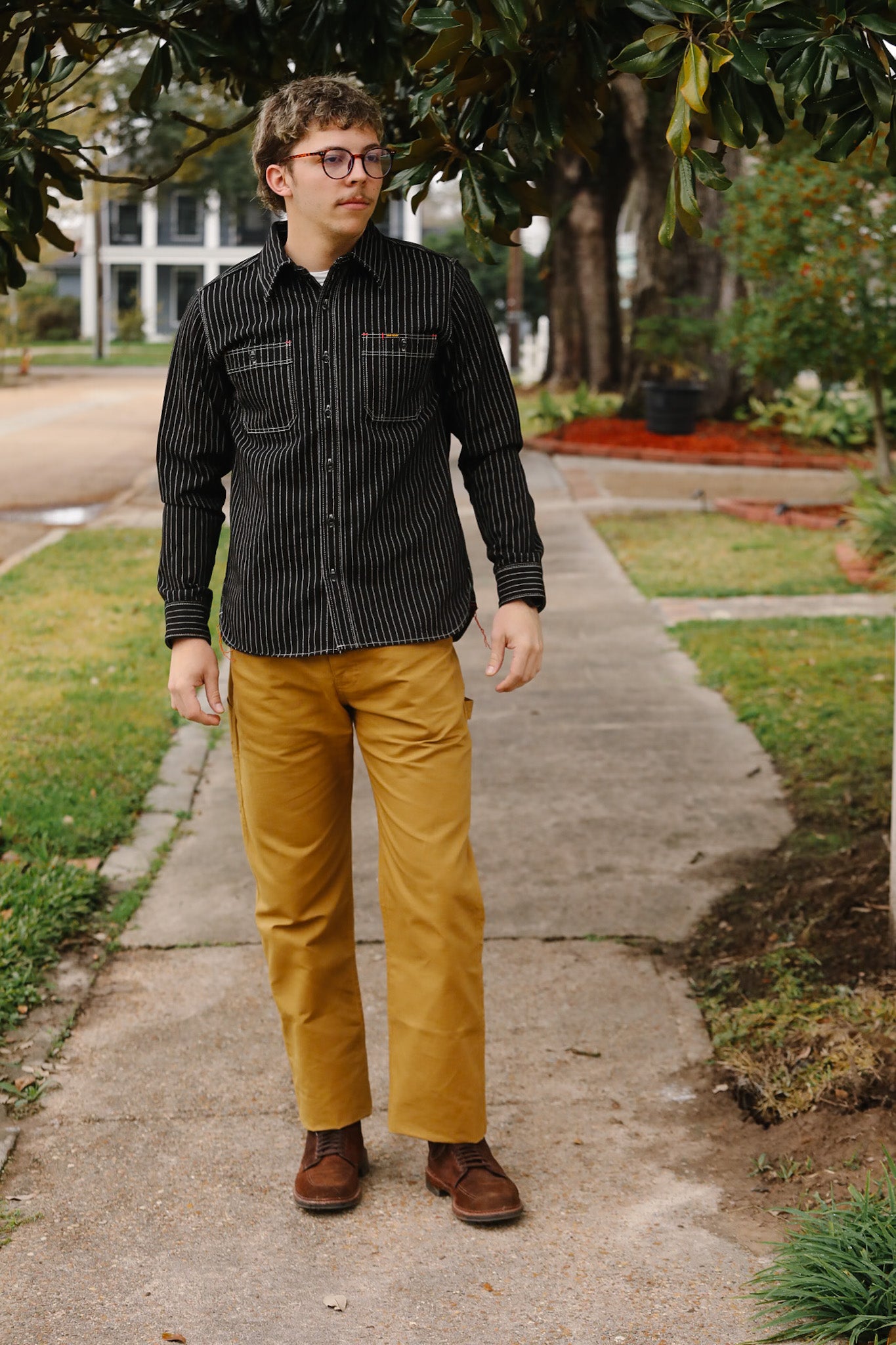 man wearing IHSH-266-IND 12oz Wabash Work Shirt - Indigo With Black Buttons