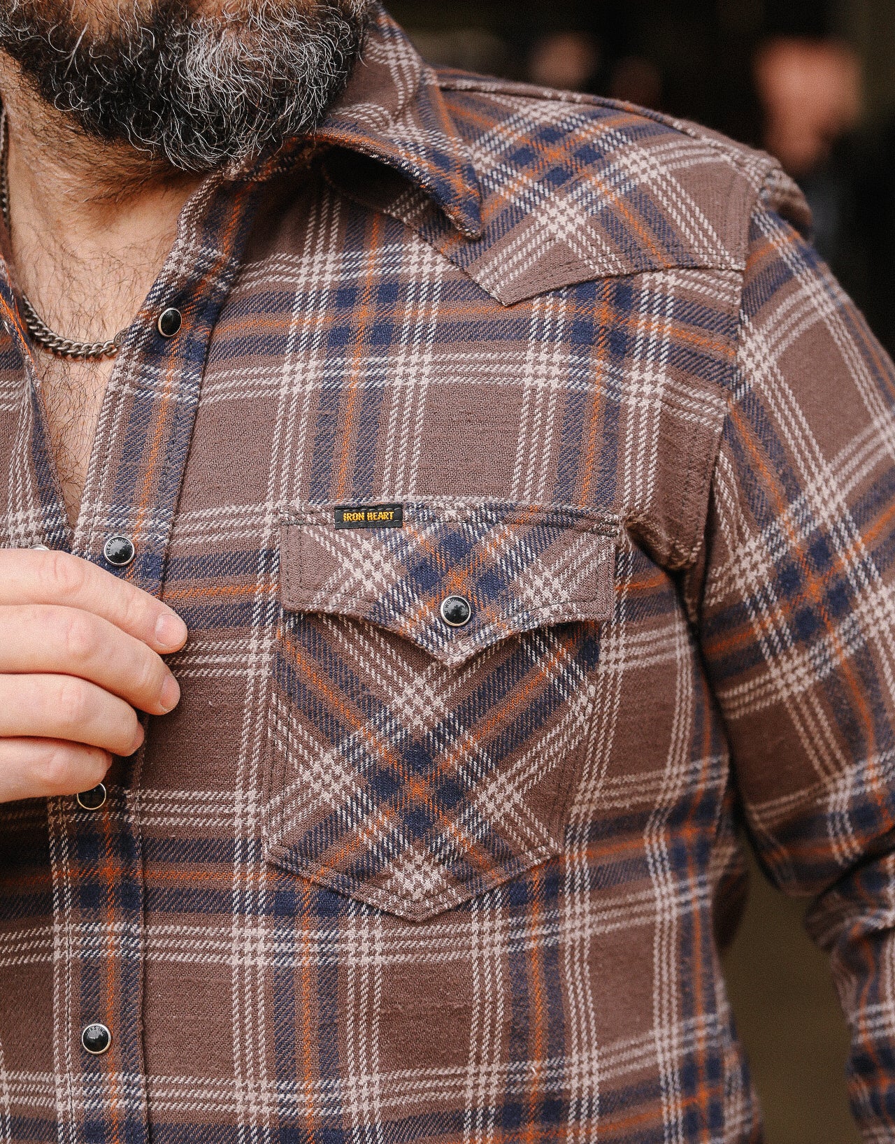 IHSH-431-BRN Slubby Heavy Flannel Check Western Shirt - Brown