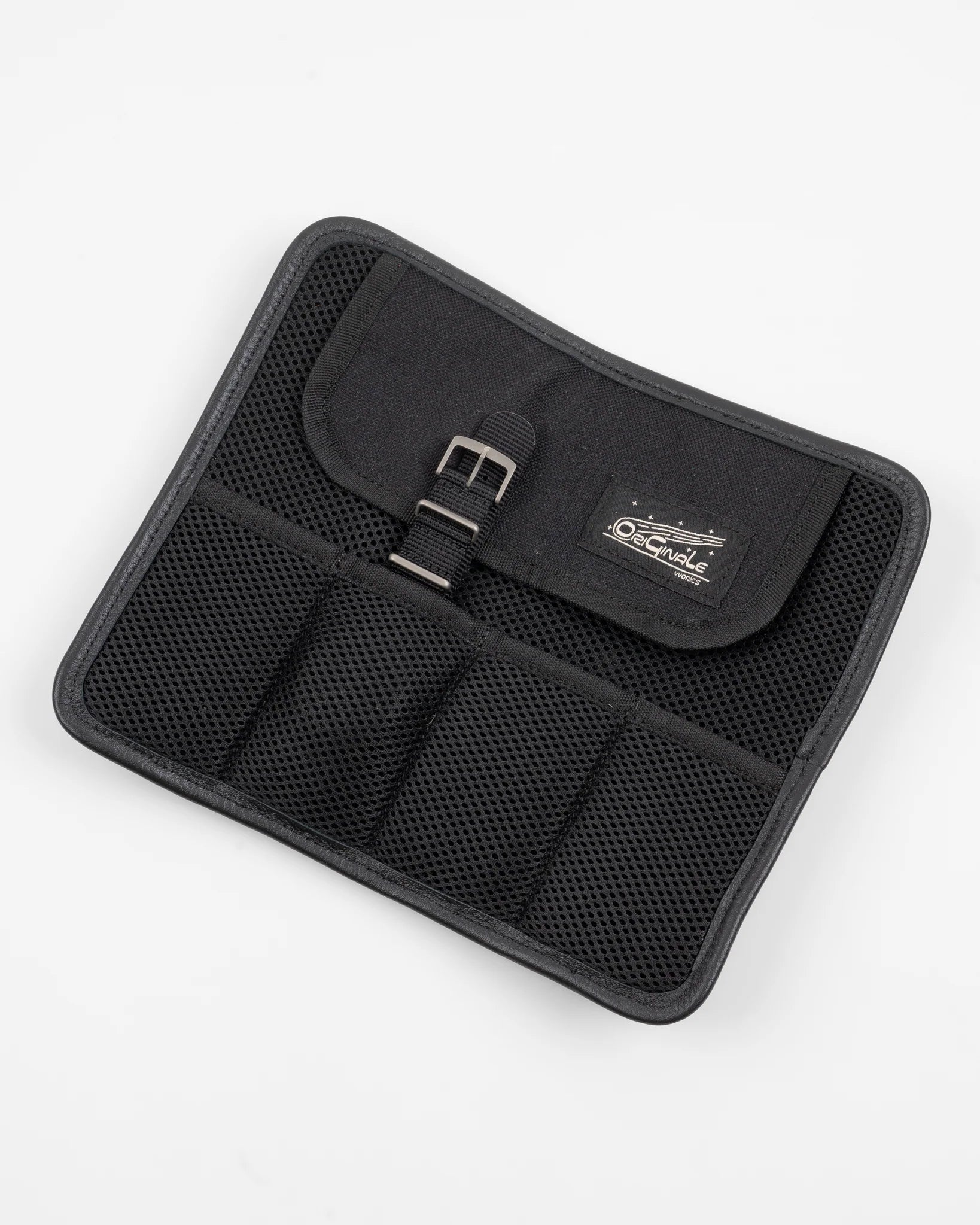 Black mesh tool organizer pouch with buckle strap and Originate Works logo patch